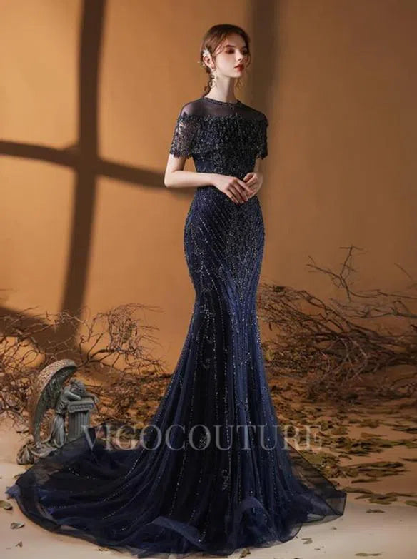 Beaded Mermaid Short Sleeve Prom Dresses 20117 vigocouture Beaded Mermaid Short Sleeve Prom Dresses 20117 vigocouture