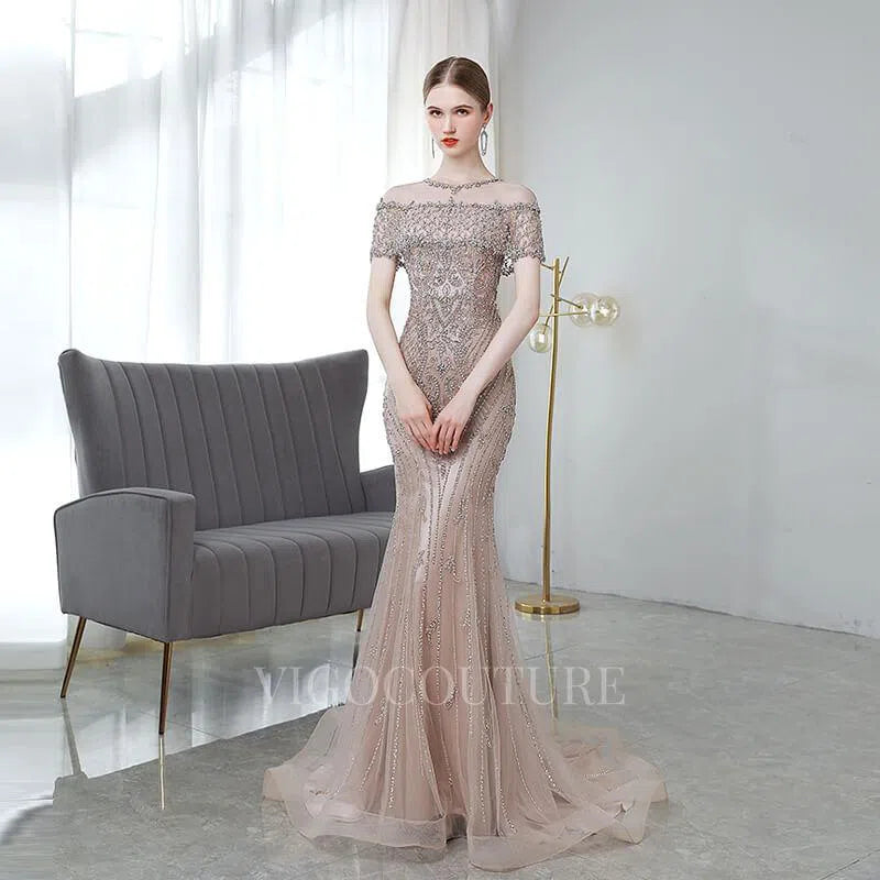 Prom Dress 2025 Beaded Mermaid Short Sleeve Prom Dresses 20117-unique elegant Prom Dresses-Blush-US2-vigocouture