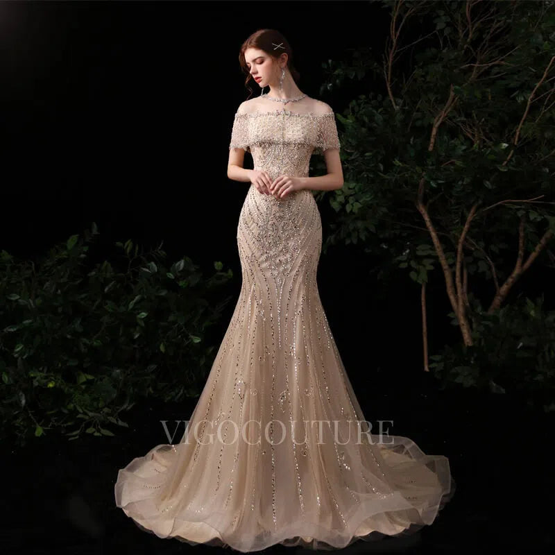Beaded Mermaid Short Sleeve Prom Dresses 20117 vigocouture Beaded Mermaid Short Sleeve Prom Dresses 20117 vigocouture