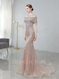 Prom Dress 2025 Beaded Mermaid Short Sleeve Prom Dresses 20117-unique elegant Prom Dresses-Khaki-US2-vigocouture