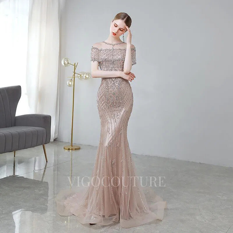 Prom Dress 2025 Beaded Mermaid Short Sleeve Prom Dresses 20117-unique elegant Prom Dresses-Khaki-US2-vigocouture