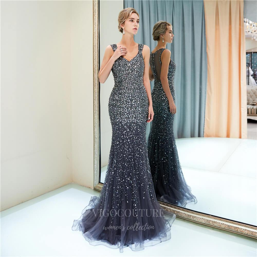 Prom Dress 2025 Beaded Mermaid V-Neck Prom Dress 20296-unique elegant Prom Dresses-Champagne-US2-vigocouture