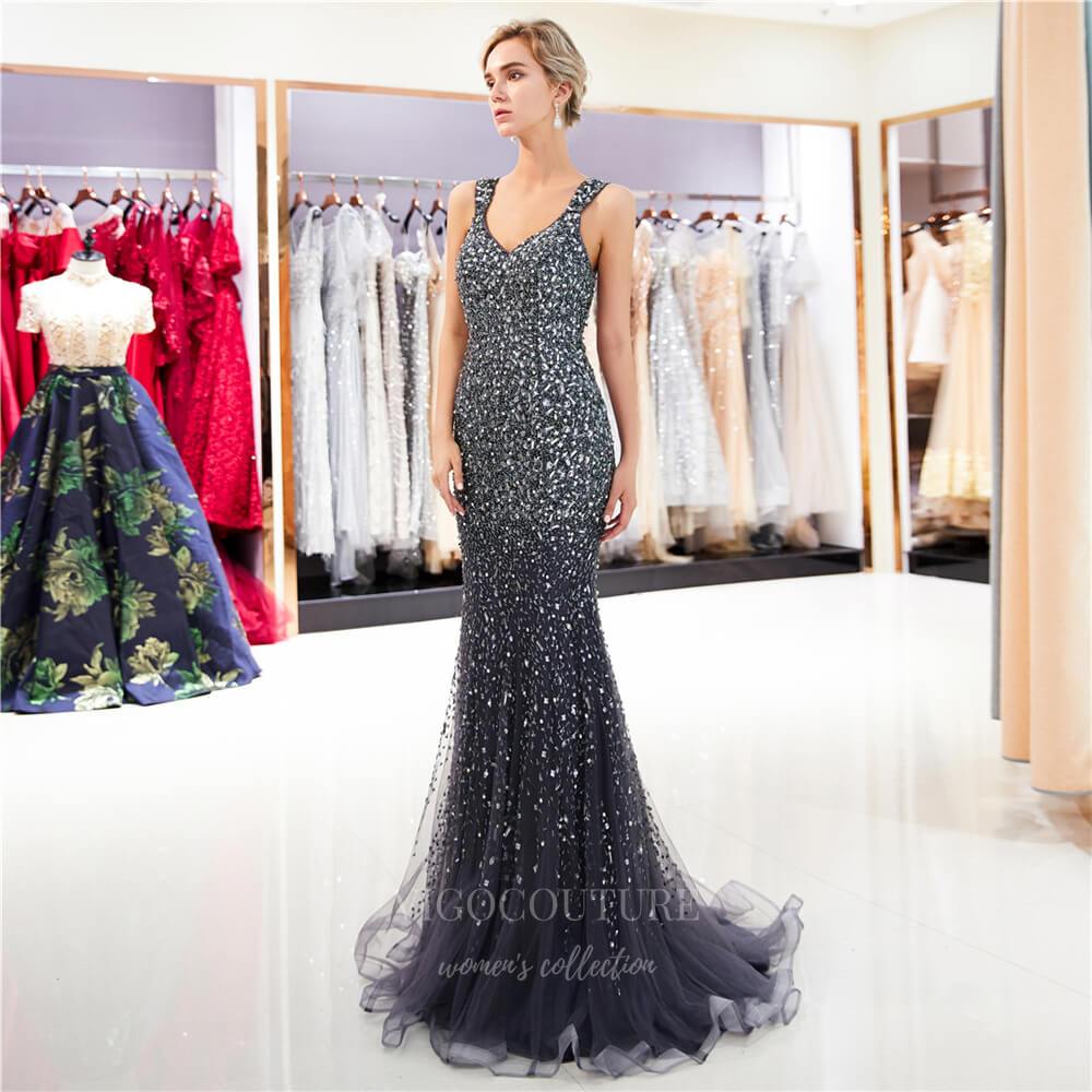 Prom Dress 2025 Beaded Mermaid V-Neck Prom Dress 20296-unique elegant Prom Dresses-Champagne-US2-vigocouture