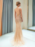 Prom Dress 2025 Beaded Mermaid V-Neck Prom Dress 20296-unique elegant Prom Dresses-Champagne-US2-vigocouture