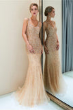 Prom Dress 2025 Beaded Mermaid V-Neck Prom Dress 20296-unique elegant Prom Dresses-Champagne-US2-vigocouture