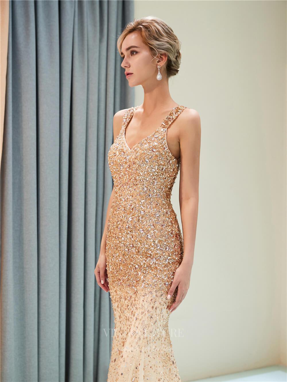 Prom Dress 2025 Beaded Mermaid V-Neck Prom Dress 20296-unique elegant Prom Dresses-Champagne-US2-vigocouture