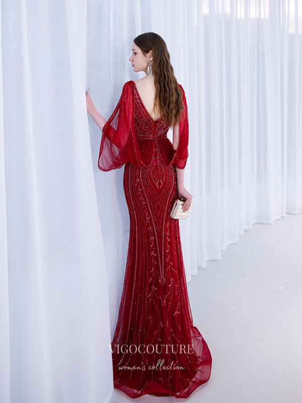 Prom Dress 2025 Beaded Mermaid V-neck Prom Dresses Batwing Sleeve Prom Dresses 20053-b-unique elegant Prom Dresses-Burgundy-US2-vigocouture