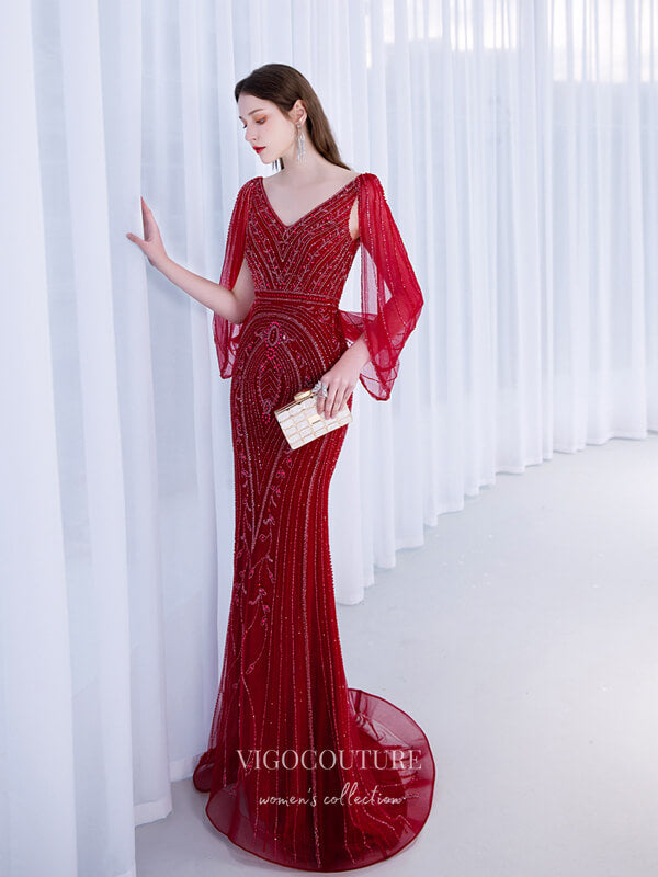 Beaded Mermaid V-neck Prom Dresses Batwing Sleeve Prom Dresses 20053-b Silver / US14 Beaded Mermaid V-neck Prom Dresses Batwing Sleeve Prom Dresses 20053-b Silver / US14