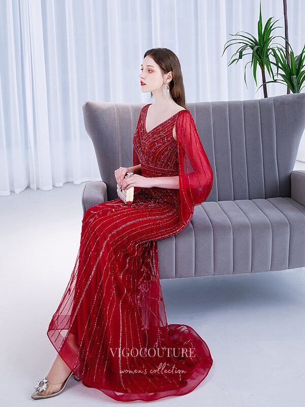 Prom Dress 2025 Beaded Mermaid V-neck Prom Dresses Batwing Sleeve Prom Dresses 20053-b-unique elegant Prom Dresses-Burgundy-US2-vigocouture