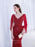 Prom Dress 2025 Beaded Mermaid V-neck Prom Dresses Batwing Sleeve Prom Dresses 20053-b-unique elegant Prom Dresses-Burgundy-US2-vigocouture