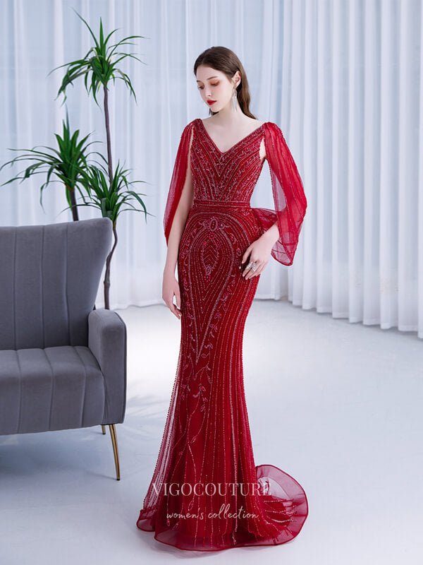 Prom Dress 2025 Beaded Mermaid V-neck Prom Dresses Batwing Sleeve Prom Dresses 20053-b-unique elegant Prom Dresses-Burgundy-US2-vigocouture