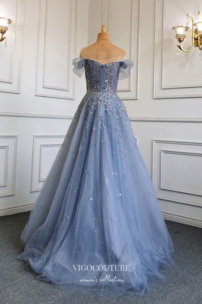 Prom Dress 2025 Beaded Off the Shoulder Formal Dresses A-Line Prom Dress 21635-unique elegant Prom Dresses-Blue-US2-vigocouture