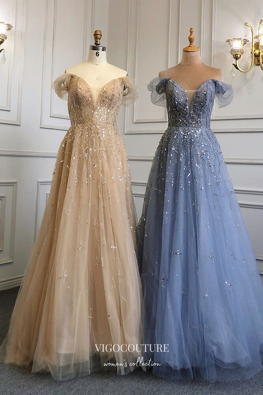 Prom Dress 2025 Beaded Off the Shoulder Formal Dresses A-Line Prom Dress 21635-unique elegant Prom Dresses-Blue-US2-vigocouture