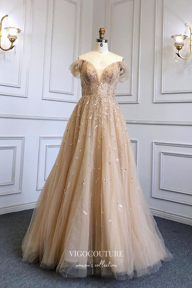 Prom Dress 2025 Beaded Off the Shoulder Formal Dresses A-Line Prom Dress 21635-unique elegant Prom Dresses-Champagne-US2-vigocouture