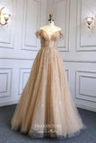 Prom Dress 2025 Beaded Off the Shoulder Formal Dresses A-Line Prom Dress 21635-unique elegant Prom Dresses-Champagne-US2-vigocouture