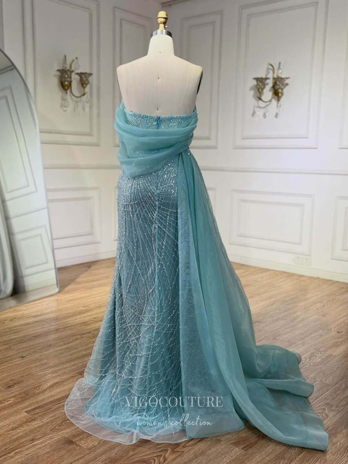 Prom Dress 2025 Beaded Off the Shoulder Mermaid Prom Dresses Overskirt Pageant Dress 24528-unique elegant Prom Dresses-Blue-US2-vigocouture