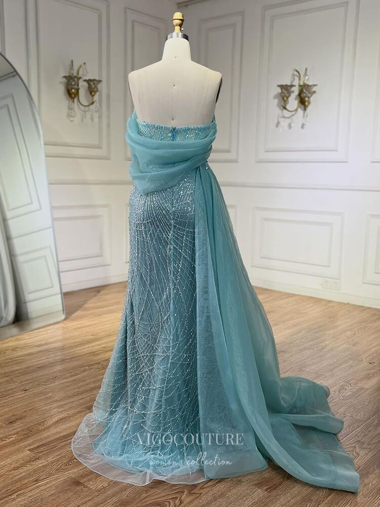 Prom Dress 2025 Beaded Off the Shoulder Mermaid Prom Dresses Overskirt Pageant Dress 24528-unique elegant Prom Dresses-Blue-US2-vigocouture