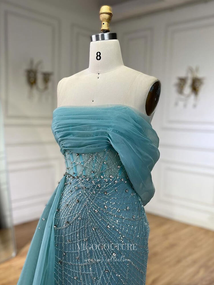 Prom Dress 2025 Beaded Off the Shoulder Mermaid Prom Dresses Overskirt Pageant Dress 24528-unique elegant Prom Dresses-Blue-US2-vigocouture