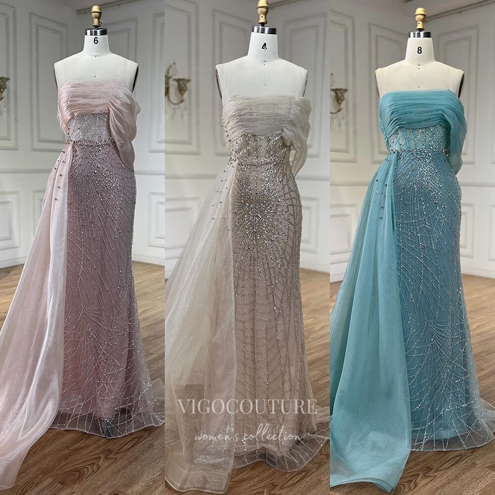 Prom Dress 2025 Beaded Off the Shoulder Mermaid Prom Dresses Overskirt Pageant Dress 24528-unique elegant Prom Dresses-Blue-US2-vigocouture