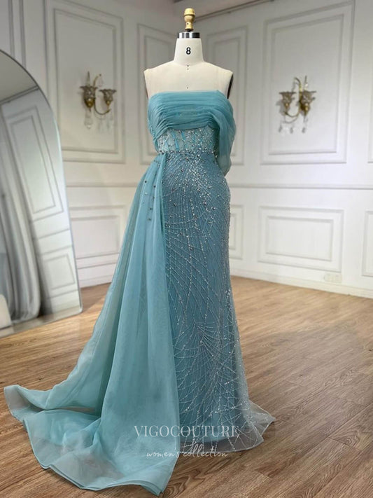 Prom Dress 2025 Beaded Off the Shoulder Mermaid Prom Dresses Overskirt Pageant Dress 24528-unique elegant Prom Dresses-Blue-US2-vigocouture