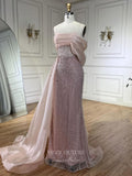 Prom Dress 2025 Beaded Off the Shoulder Mermaid Prom Dresses Overskirt Pageant Dress 24528-unique elegant Prom Dresses-Pink-US2-vigocouture