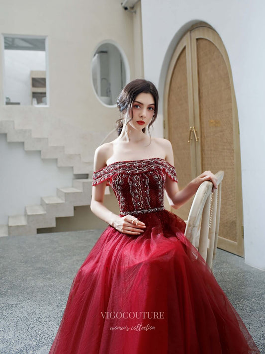 Prom Dress 2025 Beaded Off the Shoulder Prom Dress 20203-unique elegant Prom Dresses-Red-US2-vigocouture