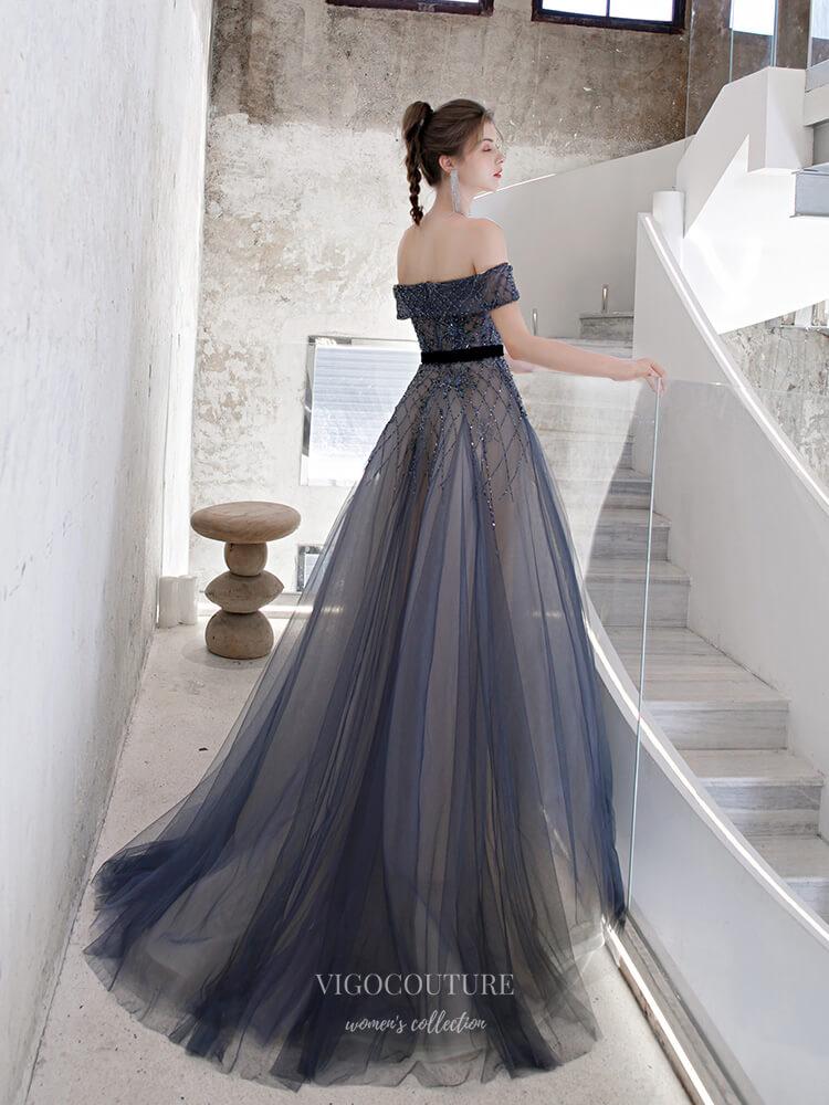 Prom Dress 2025 Beaded Off the Shoulder Prom Dress 20243-unique elegant Prom Dresses-Navy Blue-US2-vigocouture