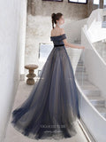 Prom Dress 2025 Beaded Off the Shoulder Prom Dress 20243-unique elegant Prom Dresses-Navy Blue-US2-vigocouture