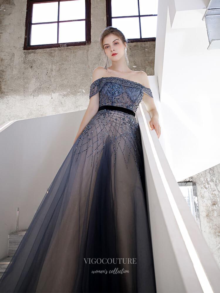 Prom Dress 2025 Beaded Off the Shoulder Prom Dress 20243-unique elegant Prom Dresses-Navy Blue-US2-vigocouture