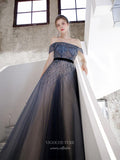 Prom Dress 2025 Beaded Off the Shoulder Prom Dress 20243-unique elegant Prom Dresses-Navy Blue-US2-vigocouture