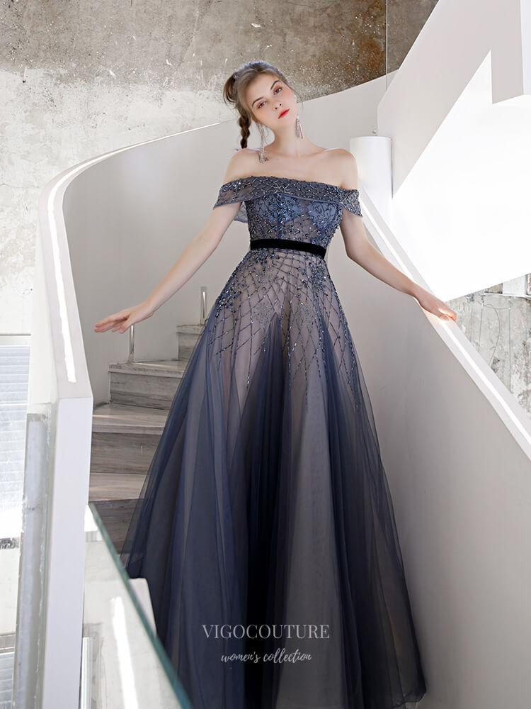 Prom Dress 2025 Beaded Off the Shoulder Prom Dress 20243-unique elegant Prom Dresses-Navy Blue-US2-vigocouture