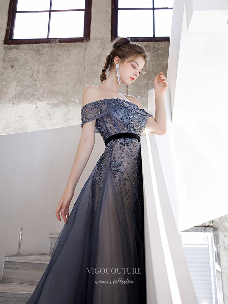 Prom Dress 2025 Beaded Off the Shoulder Prom Dress 20243-unique elegant Prom Dresses-Navy Blue-US2-vigocouture