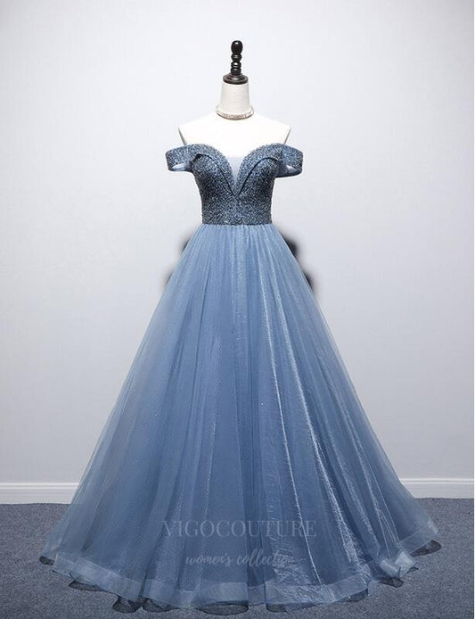 Prom Dress 2025 Beaded Off the Shoulder Prom Dress 20665-unique elegant Prom Dresses-Blue-US2-vigocouture