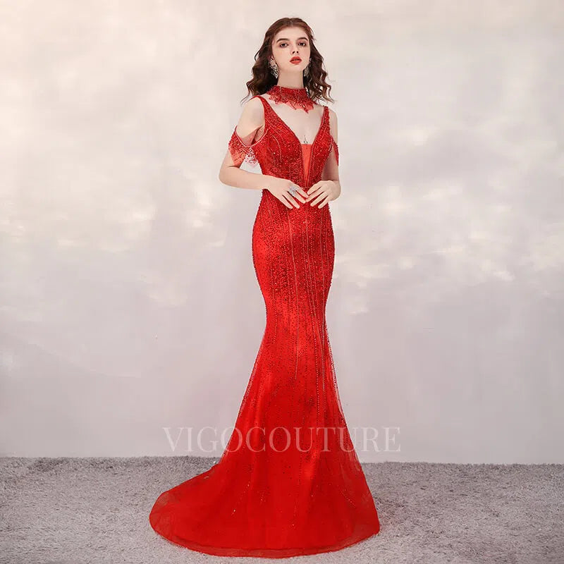 Prom Dress 2025 Beaded Off the Shoulder Prom Dresses Mermaid Evening Dresses 20131-unique elegant Prom Dresses-Red-US2-vigocouture