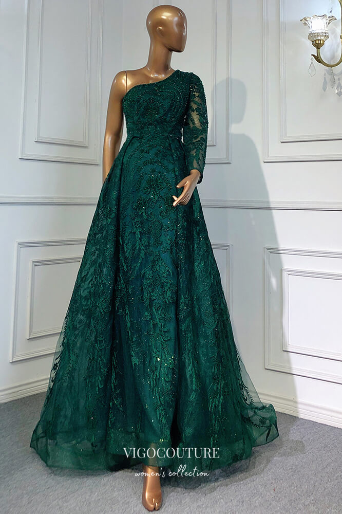 Prom Dress 2025 Beaded One Shoulder Formal Dresses A-Line Lace Applique Prom Dress 21618-unique elegant Prom Dresses-Green-US2-vigocouture