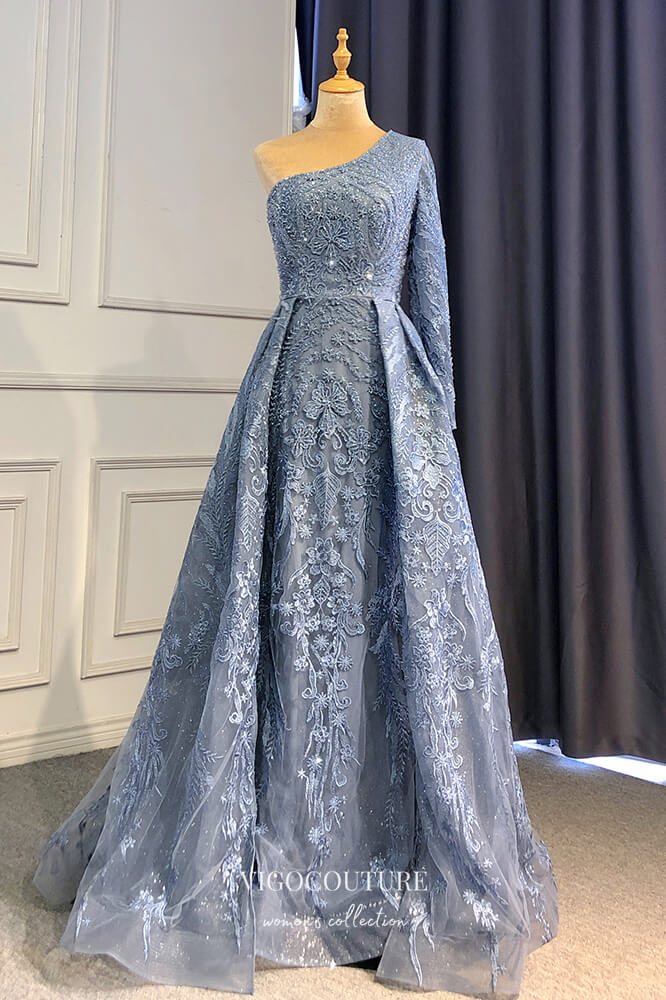 Prom Dress 2025 Beaded One Shoulder Formal Dresses A-Line Lace Applique Prom Dress 21618-unique elegant Prom Dresses-Light Blue-US2-vigocouture