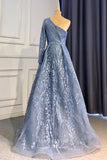 Prom Dress 2025 Beaded One Shoulder Formal Dresses A-Line Lace Applique Prom Dress 21618-unique elegant Prom Dresses-Light Blue-US2-vigocouture