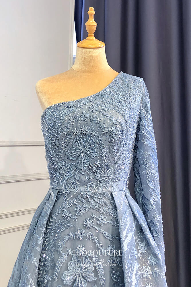 Prom Dress 2025 Beaded One Shoulder Formal Dresses A-Line Lace Applique Prom Dress 21618-unique elegant Prom Dresses-Light Blue-US2-vigocouture