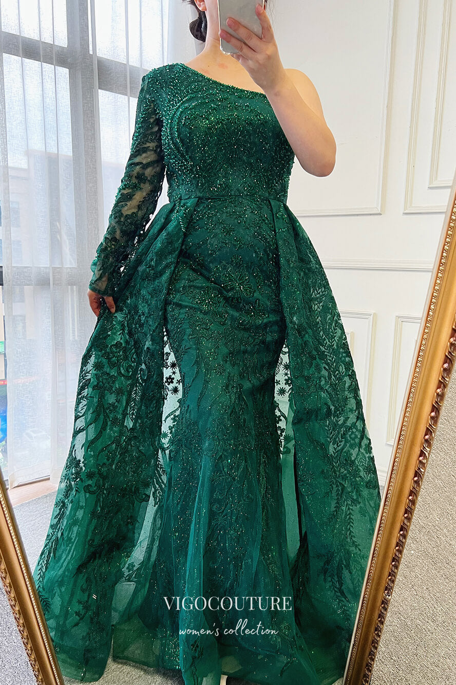 Beaded One Shoulder Formal Dresses A-Line Lace Applique Prom Dress 216 vigocouture Beaded One Shoulder Formal Dresses A-Line Lace Applique Prom Dress 216 vigocouture