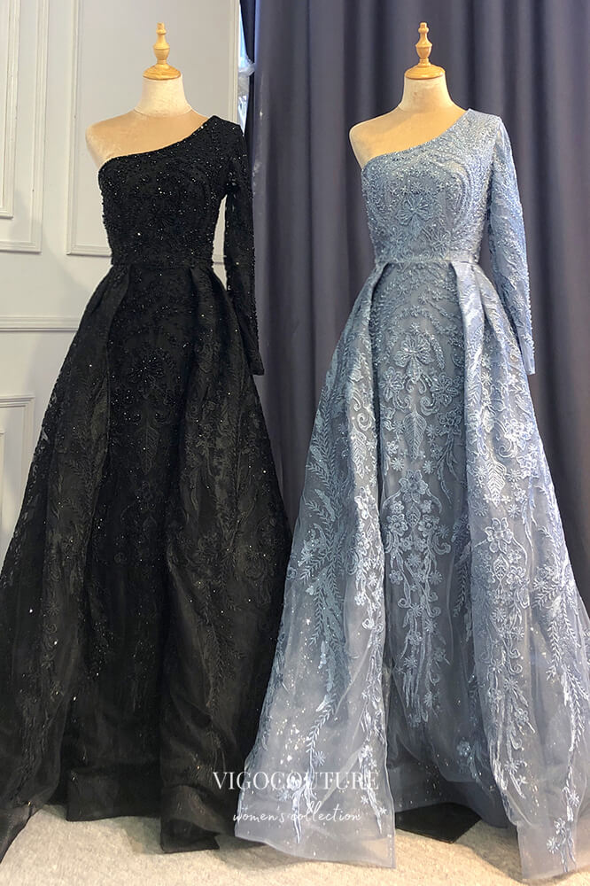 Prom Dress 2025 Beaded One Shoulder Formal Dresses A-Line Lace Applique Prom Dress 21618-unique elegant Prom Dresses-Light Blue-US2-vigocouture