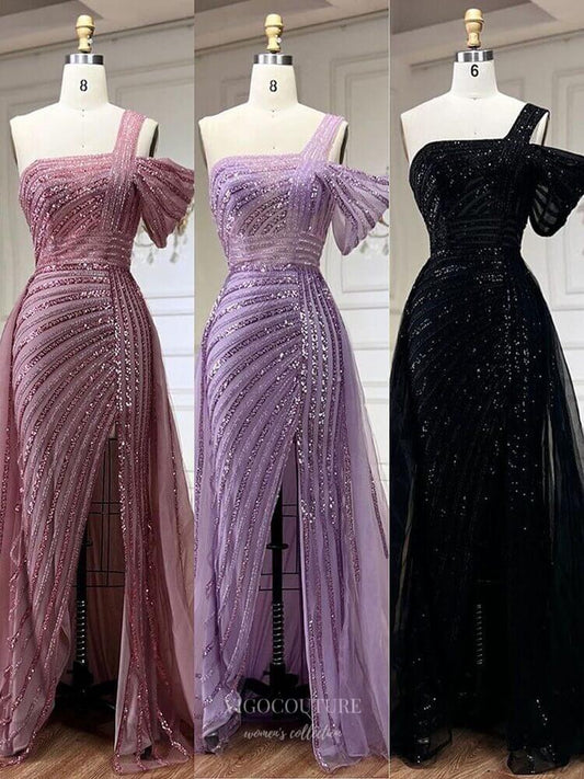 Prom Dress 2025 Beaded One Shoulder Mermaid Pageant Dresses with Slit Overskirt Evening Dress 25028-unique elegant Prom Dresses-As Pictured-US2-vigocouture