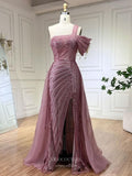 Prom Dress 2025 Beaded One Shoulder Mermaid Pageant Dresses with Slit Overskirt Evening Dress 25028-unique elegant Prom Dresses-Dusty Pink-US2-vigocouture