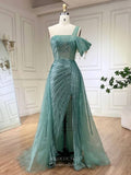 Prom Dress 2025 Beaded One Shoulder Mermaid Pageant Dresses with Slit Overskirt Evening Dress 25028-unique elegant Prom Dresses-Green-US2-vigocouture