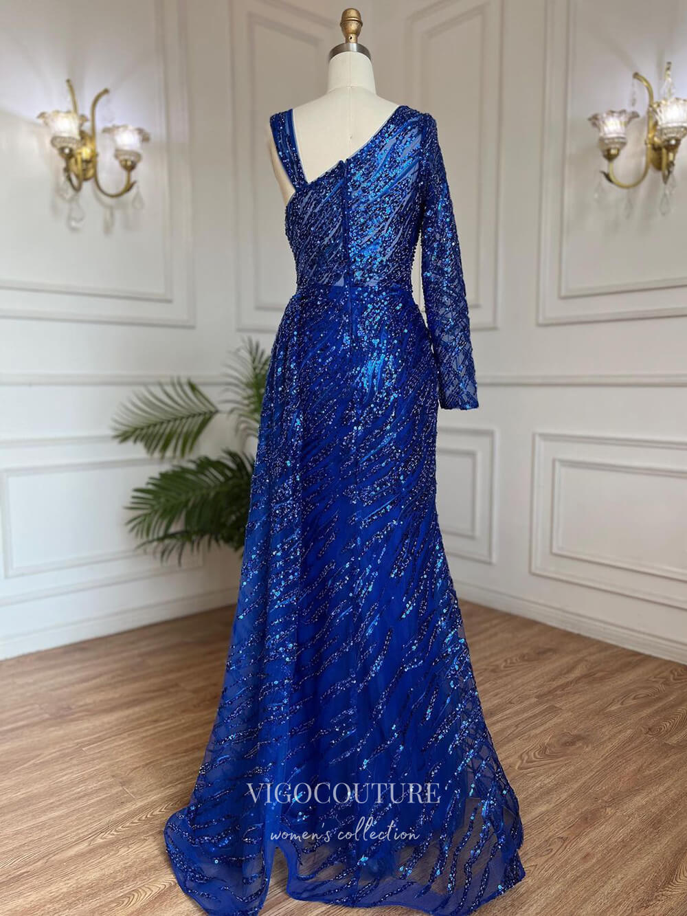 Prom Dress 2025 Beaded One Shoulder Prom Dresses Long Sleeve Mermaid Evening Dress 22099-unique elegant Prom Dresses-Blue-US2-vigocouture