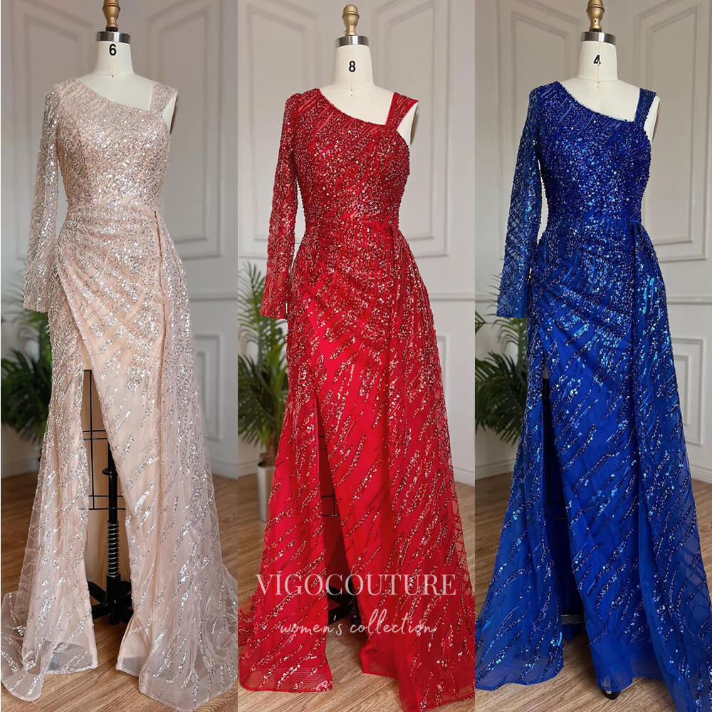 Prom Dress 2025 Beaded One Shoulder Prom Dresses Long Sleeve Mermaid Evening Dress 22099-unique elegant Prom Dresses-Blue-US2-vigocouture