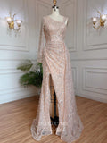 Prom Dress 2025 Beaded One Shoulder Prom Dresses Long Sleeve Mermaid Evening Dress 22099-unique elegant Prom Dresses-Champagne-US2-vigocouture