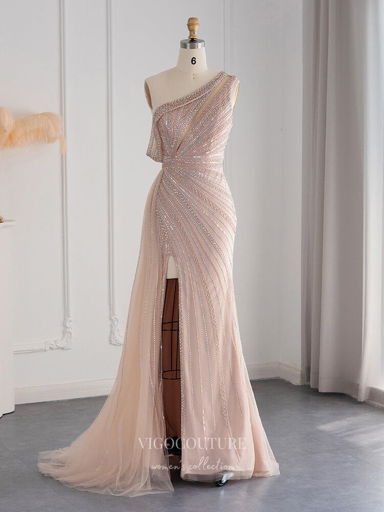 Beaded One Shoulder Prom Dresses with Slit 1920s Evening Dress 22145 - Blush / US2 Beaded One Shoulder Prom Dresses with Slit 1920s Evening Dress 22145 - Blush / US2