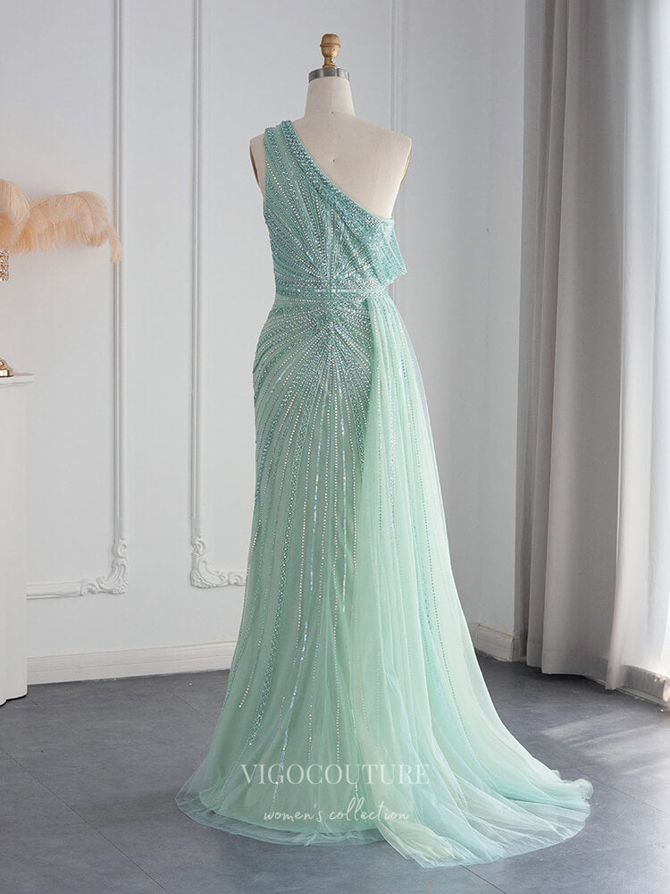 Prom Dress 2025 Beaded One Shoulder Prom Dresses with Slit 1920s Evening Dress 22145-unique elegant Prom Dresses-Light Green-US2-vigocouture