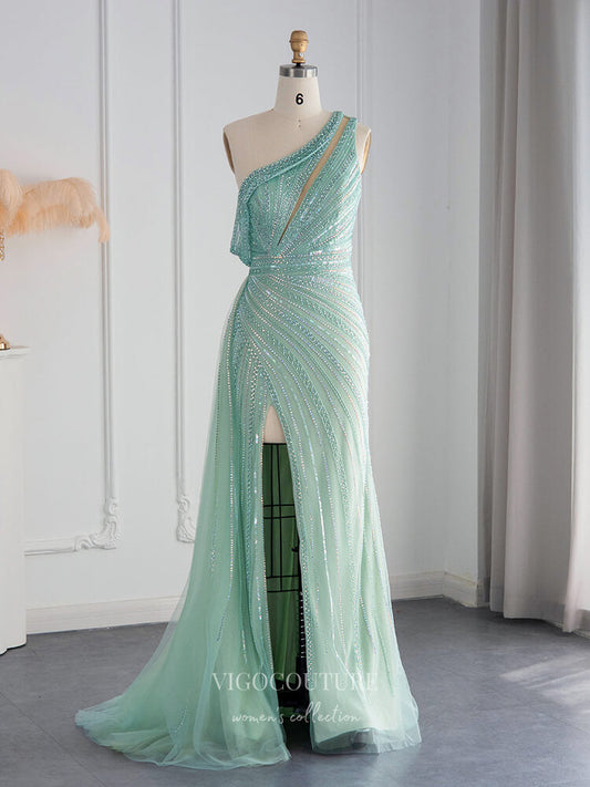 Prom Dress 2025 Beaded One Shoulder Prom Dresses with Slit 1920s Evening Dress 22145-unique elegant Prom Dresses-Light Green-US2-vigocouture