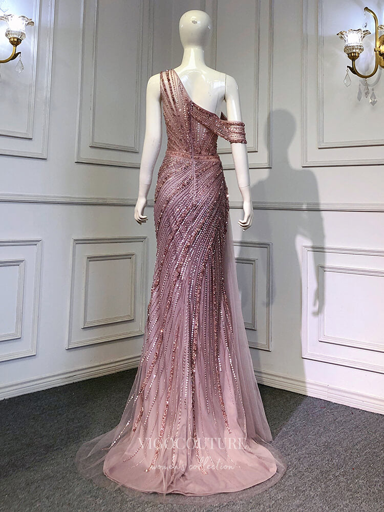 Prom Dress 2025 Beaded One Shoulder Prom Dresses with Slit Overskirt Sheath Evening Dress 22108-unique elegant Prom Dresses-Pink-US2-vigocouture